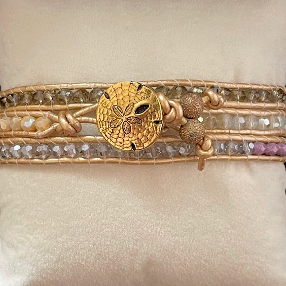 Metallic Leather Wrap Anklet Bracelet Hand Made with Sand Dollar Seashell Clasp - Picture 8 of 8